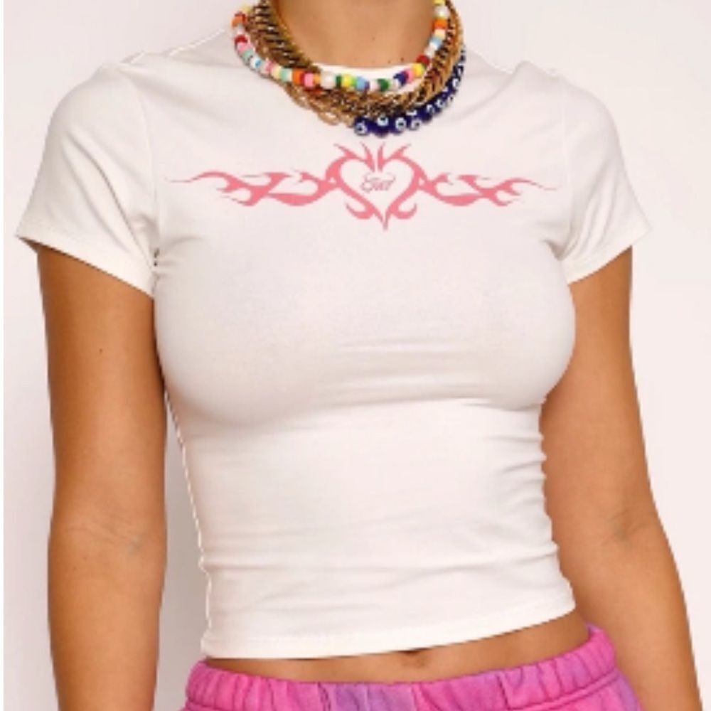I.AM.GIA White Cropped Tee with Pink Tribal Heart Graphic